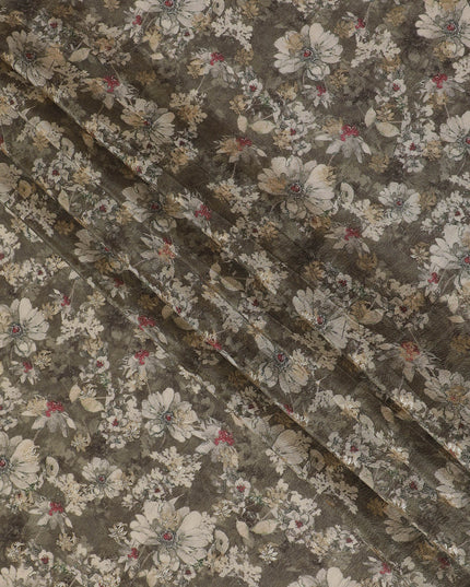 Vintage Grey Floral Viscose Digital Printed Fabric - Soft & Lightweight, 110 cm Width-D20257