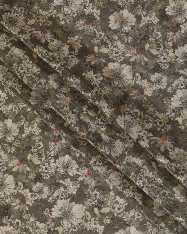 Vintage Grey Floral Viscose Digital Printed Fabric - Soft & Lightweight, 110 cm Width-D20257