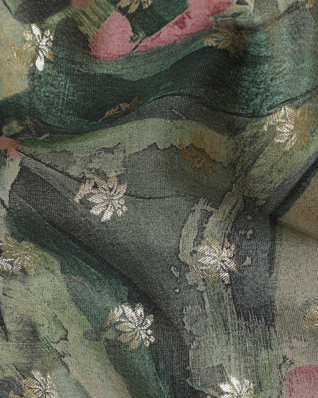 Emerald Green Abstract Floral Viscose Digital Printed Fabric - Soft & Lightweight, 110 cm Width-D20258