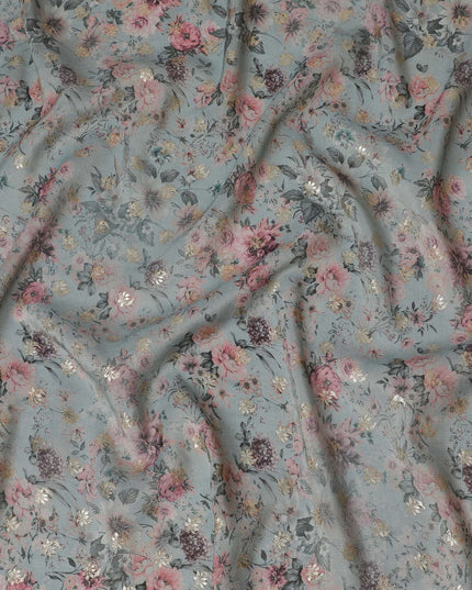 Dusty Blue Floral Viscose Digital Printed Fabric - Soft & Lightweight, 110 cm Width-D20259