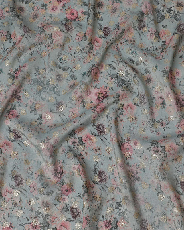 Dusty Blue Floral Viscose Digital Printed Fabric - Soft & Lightweight, 110 cm Width-D20259