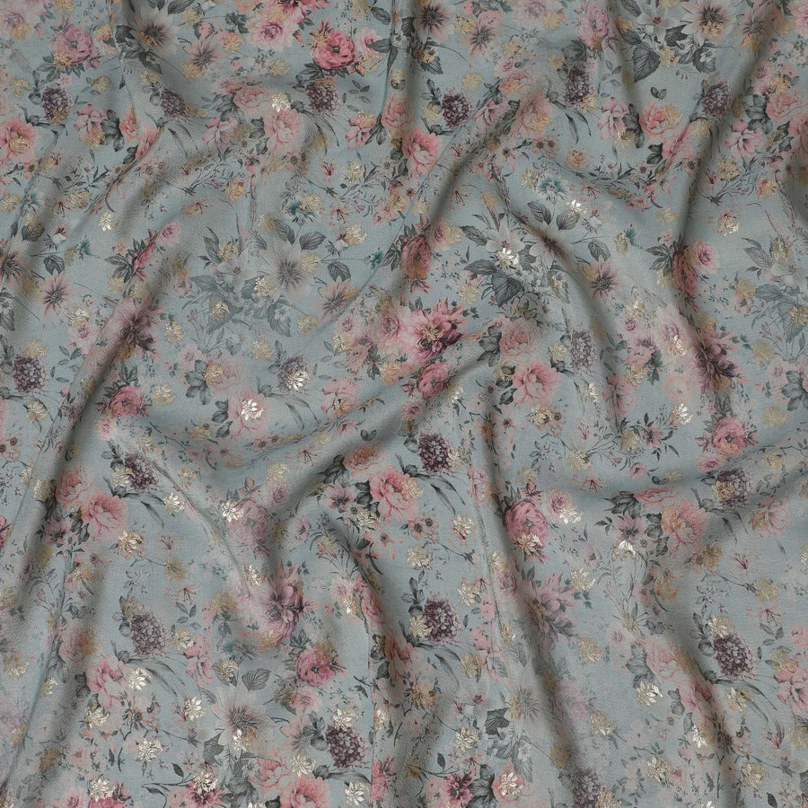 Dusty Blue Floral Viscose Digital Printed Fabric - Soft & Lightweight, 110 cm Width-D20259