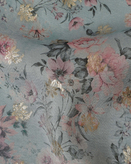 Dusty Blue Floral Viscose Digital Printed Fabric - Soft & Lightweight, 110 cm Width-D20259