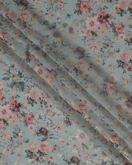 Dusty Blue Floral Viscose Digital Printed Fabric - Soft & Lightweight, 110 cm Width-D20259