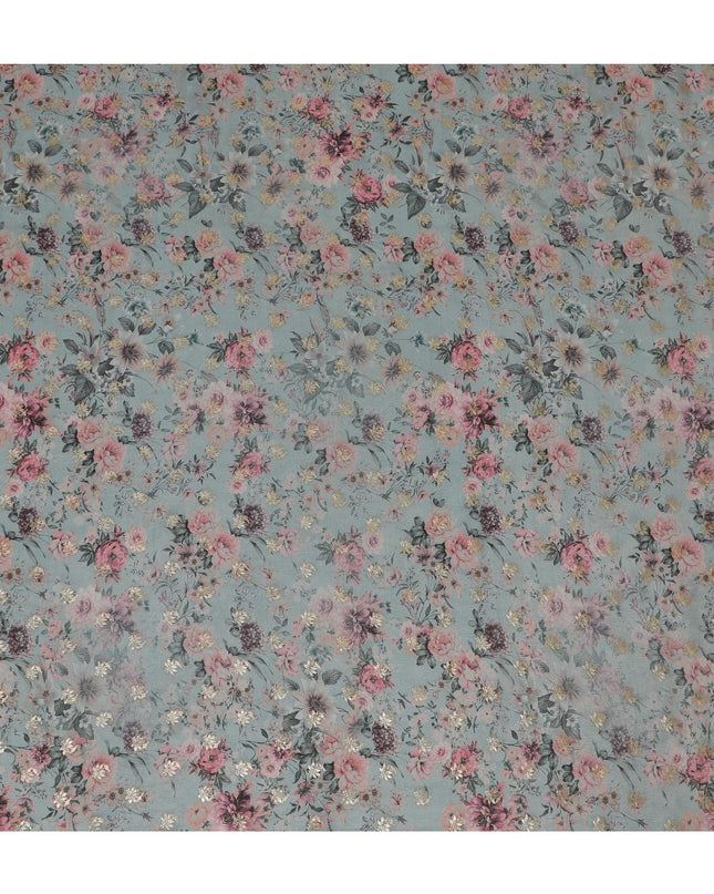 Dusty Blue Floral Viscose Digital Printed Fabric - Soft & Lightweight, 110 cm Width-D20259