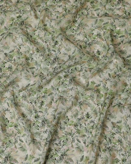 Cream & Green Leafy Viscose Digital Printed Fabric - Soft & Lightweight, 110 cm Width-D20260