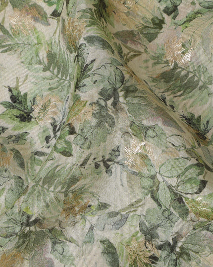 Cream & Green Leafy Viscose Digital Printed Fabric - Soft & Lightweight, 110 cm Width-D20260