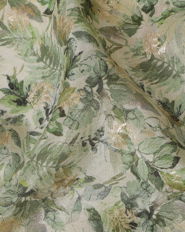 Cream & Green Leafy Viscose Digital Printed Fabric - Soft & Lightweight, 110 cm Width-D20260