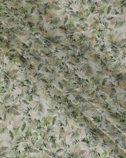 Cream & Green Leafy Viscose Digital Printed Fabric - Soft & Lightweight, 110 cm Width-D20260