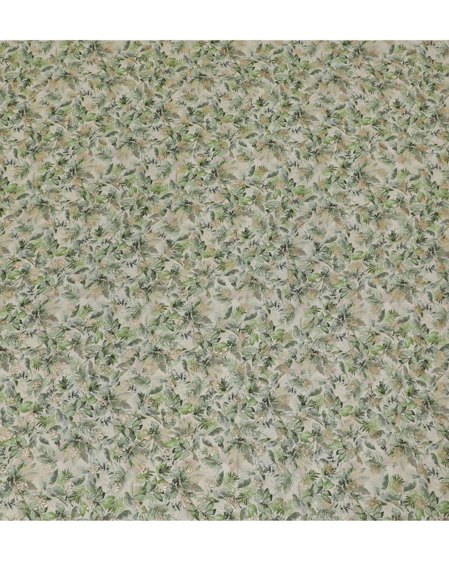 Cream & Green Leafy Viscose Digital Printed Fabric - Soft & Lightweight, 110 cm Width-D20260