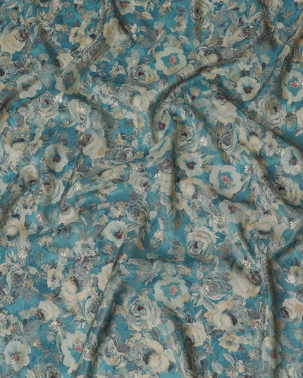 Aqua Blue & Grey Floral Viscose Digital Printed Fabric - Soft & Lightweight, 110 cm Width-D20261