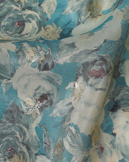 Aqua Blue & Grey Floral Viscose Digital Printed Fabric - Soft & Lightweight, 110 cm Width-D20261