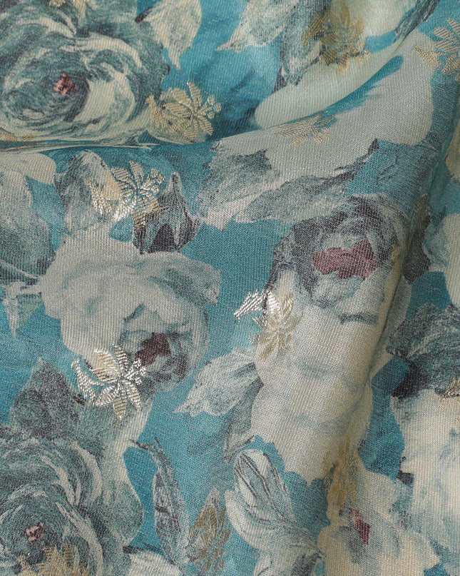 Aqua Blue & Grey Floral Viscose Digital Printed Fabric - Soft & Lightweight, 110 cm Width-D20261