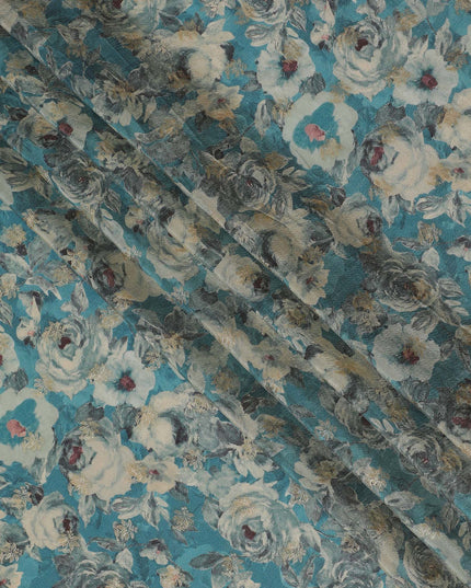 Aqua Blue & Grey Floral Viscose Digital Printed Fabric - Soft & Lightweight, 110 cm Width-D20261