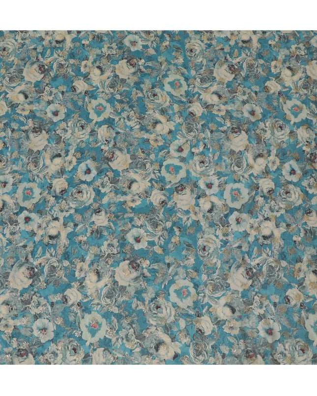 Aqua Blue & Grey Floral Viscose Digital Printed Fabric - Soft & Lightweight, 110 cm Width-D20261