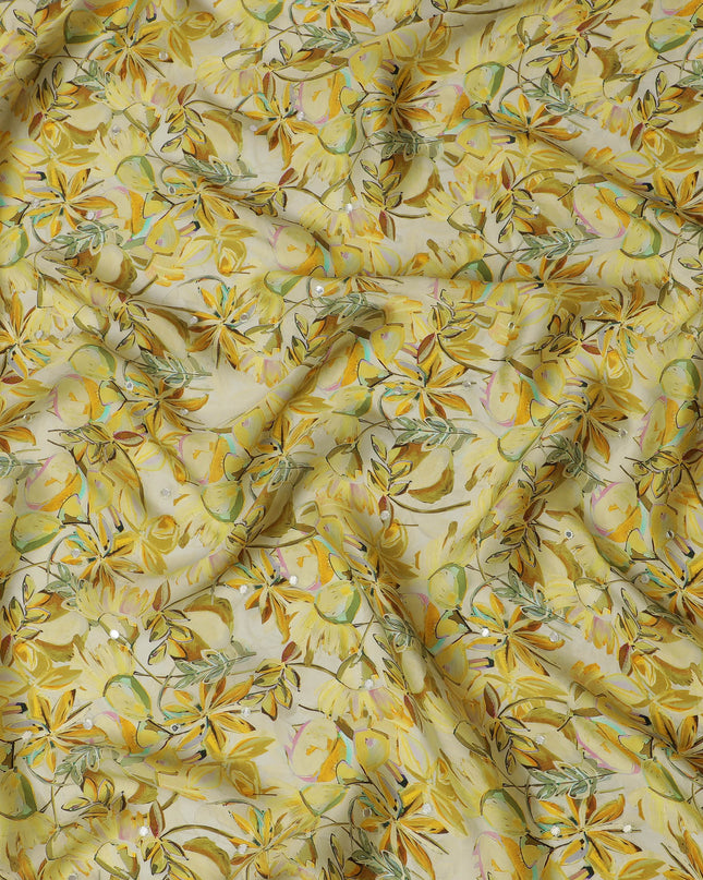 Yellow Floral Viscose Modal Satin Fabric with Mirror Work - 110 cm Width-D20265