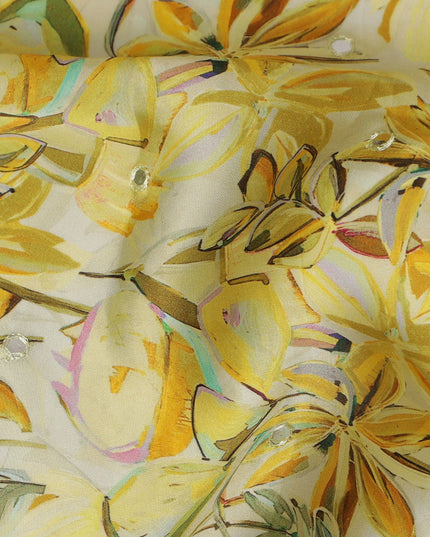 Yellow Floral Viscose Modal Satin Fabric with Mirror Work - 110 cm Width-D20265