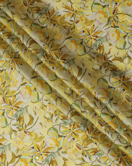 Yellow Floral Viscose Modal Satin Fabric with Mirror Work - 110 cm Width-D20265