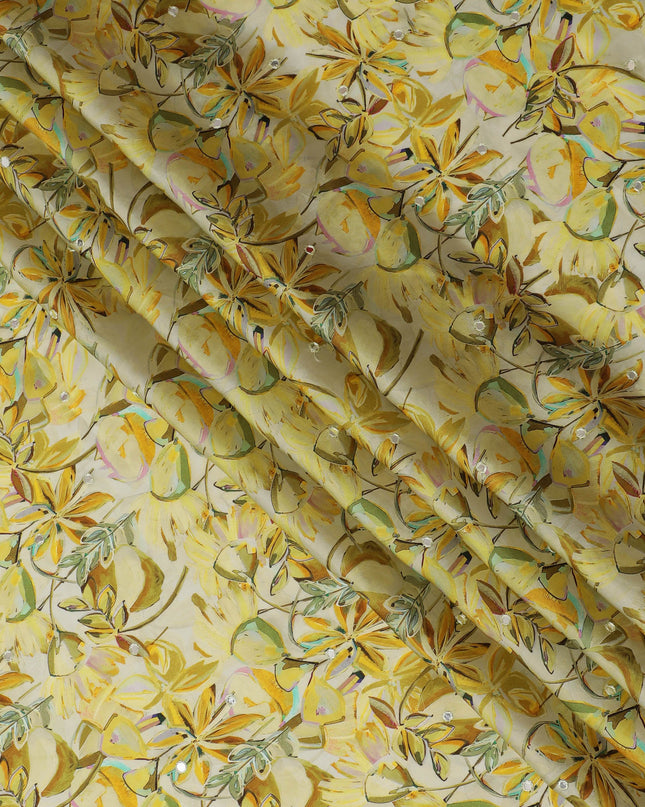 Yellow Floral Viscose Modal Satin Fabric with Mirror Work - 110 cm Width-D20265