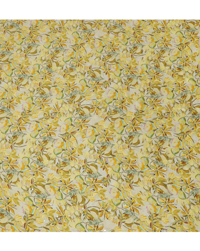 Yellow Floral Viscose Modal Satin Fabric with Mirror Work - 110 cm Width-D20265