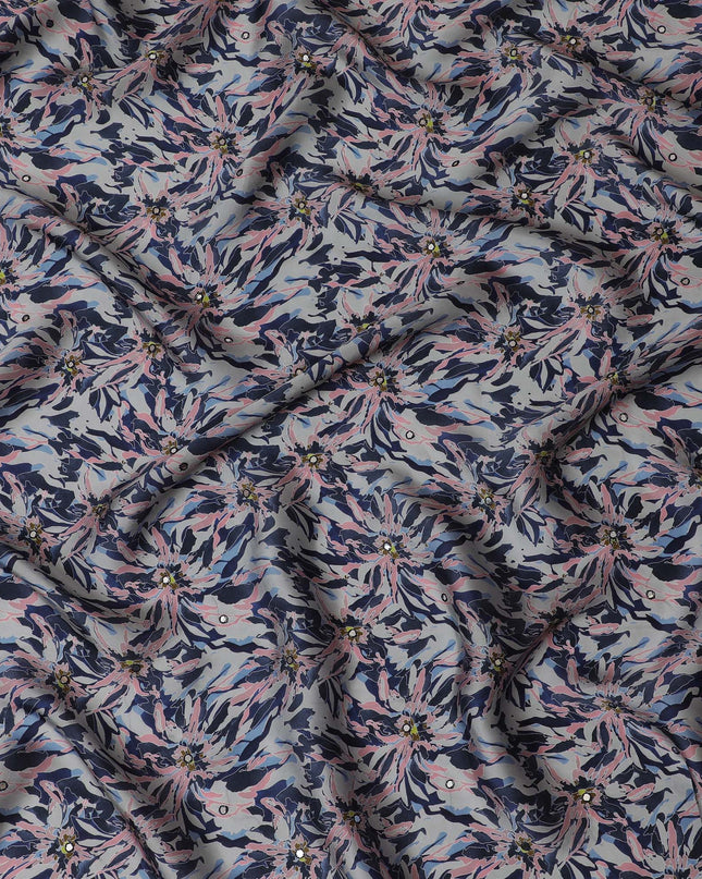Navy Blue & Pink Floral Viscose Modal Satin Fabric with Mirror Work - 110 cm Width-D20266 Regal Fabrics
