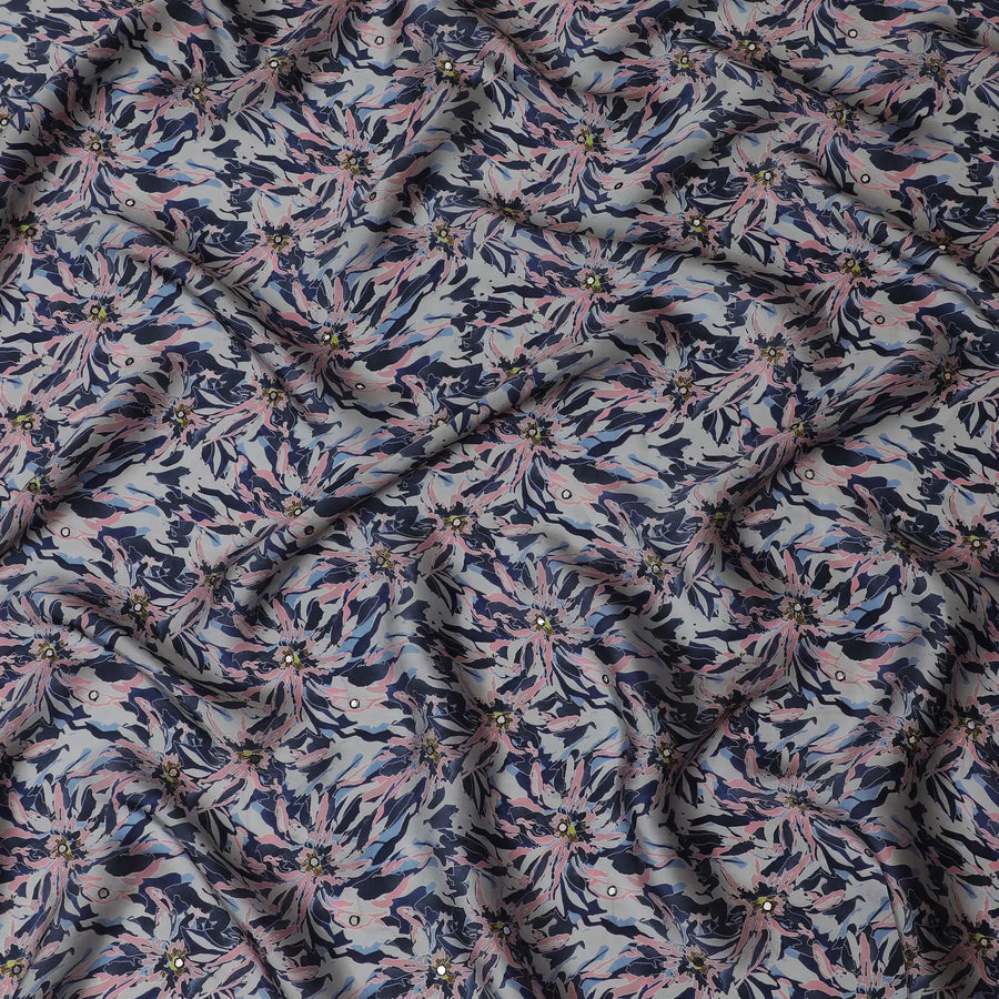 Navy Blue & Pink Floral Viscose Modal Satin Fabric with Mirror Work - 110 cm Width-D20266 Regal Fabrics