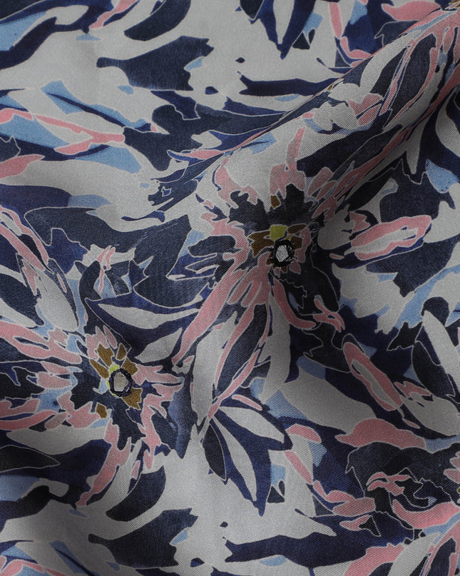 Navy Blue & Pink Floral Viscose Modal Satin Fabric with Mirror Work - 110 cm Width-D20266 Regal Fabrics