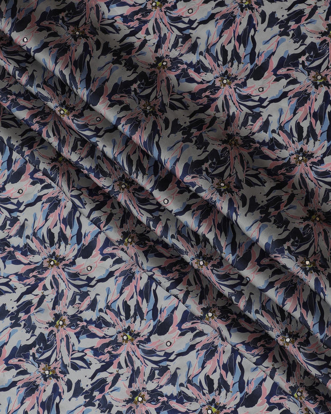 Navy Blue & Pink Floral Viscose Modal Satin Fabric with Mirror Work - 110 cm Width-D20266 Regal Fabrics