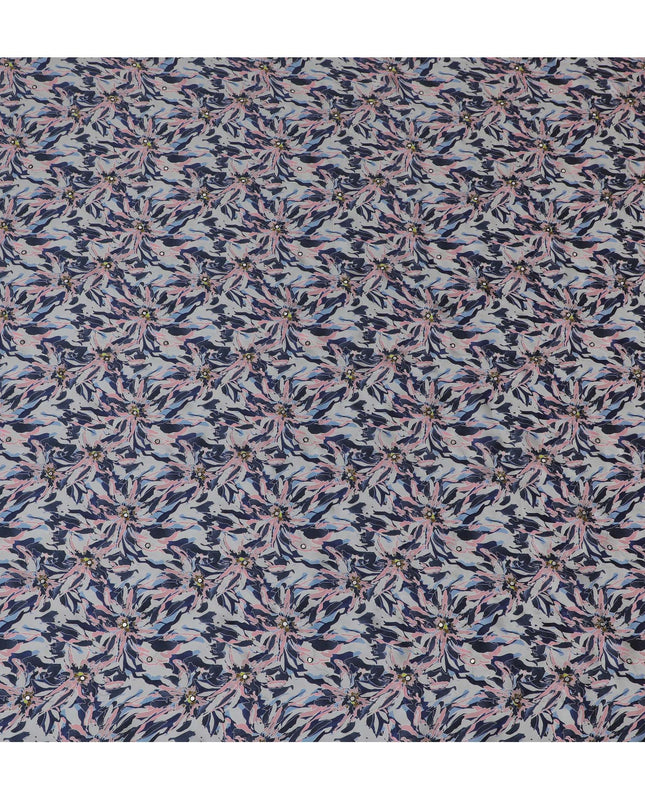 Navy Blue & Pink Floral Viscose Modal Satin Fabric with Mirror Work - 110 cm Width-D20266 Regal Fabrics