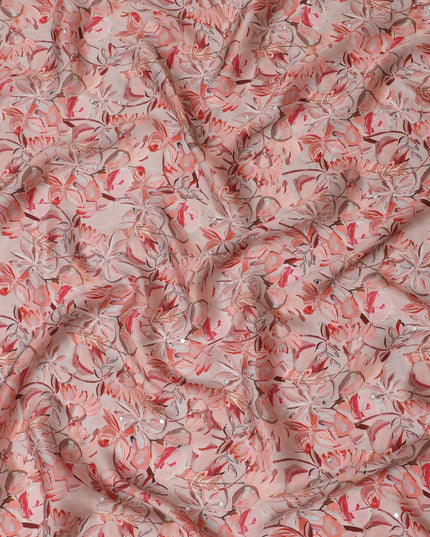 Blush Pink Floral Viscose Modal Satin Fabric with Mirror Work - 110 cm Width-D20267