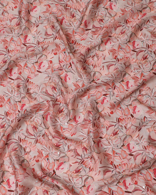 Blush Pink Floral Viscose Modal Satin Fabric with Mirror Work - 110 cm Width-D20267