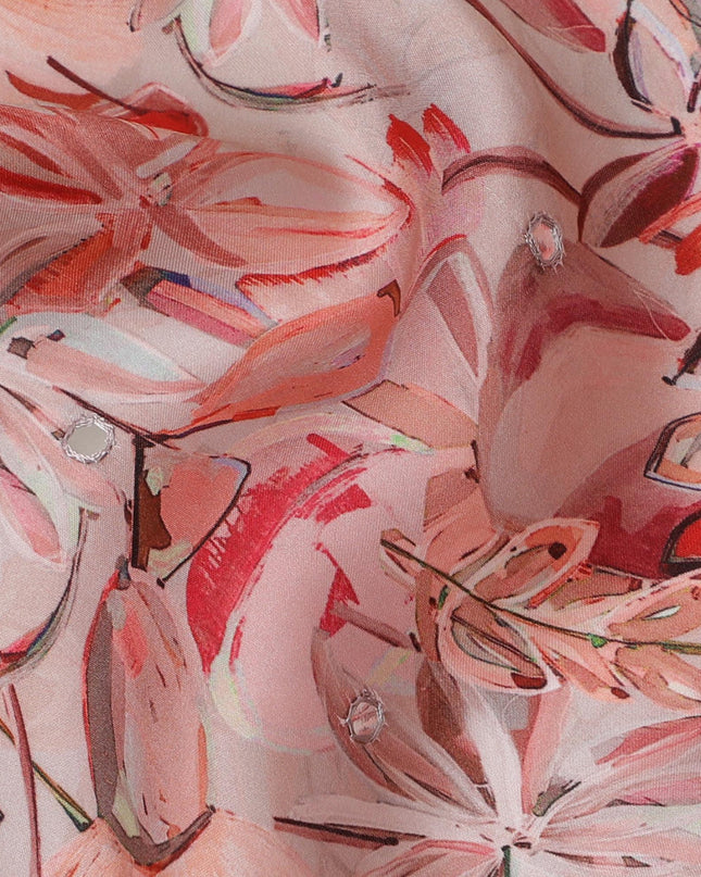 Blush Pink Floral Viscose Modal Satin Fabric with Mirror Work - 110 cm Width-D20267