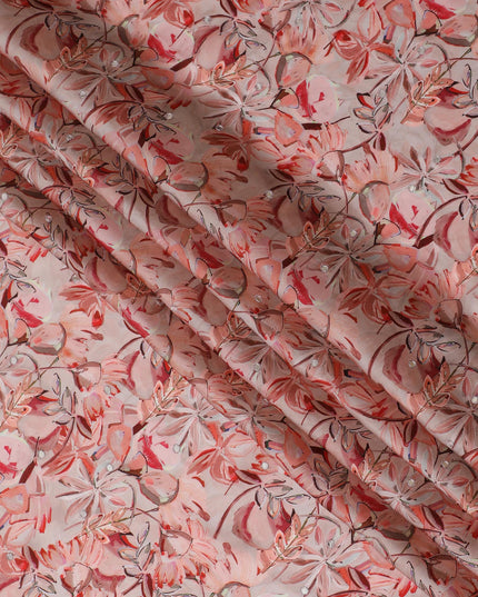 Blush Pink Floral Viscose Modal Satin Fabric with Mirror Work - 110 cm Width-D20267