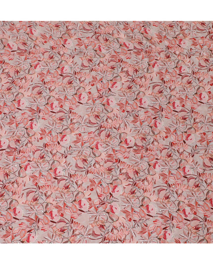 Blush Pink Floral Viscose Modal Satin Fabric with Mirror Work - 110 cm Width-D20267