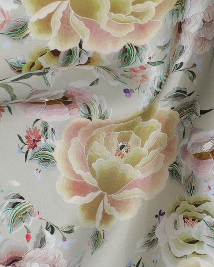 Pastel Peony Floral Viscose Modal Satin Fabric with Mirror Work - 110 cm Width-D20268