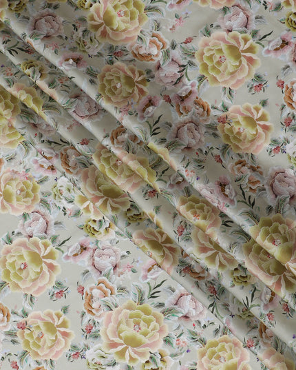 Pastel Peony Floral Viscose Modal Satin Fabric with Mirror Work - 110 cm Width-D20268