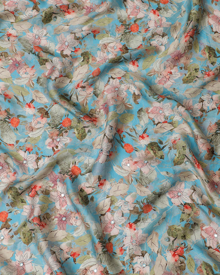 Aqua Blue Floral Viscose Modal Satin Fabric with Mirror Work - 110 cm Width-D20269