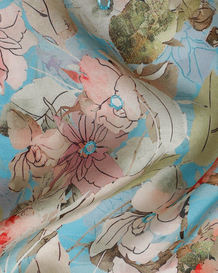 Aqua Blue Floral Viscose Modal Satin Fabric with Mirror Work - 110 cm Width-D20269