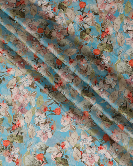 Aqua Blue Floral Viscose Modal Satin Fabric with Mirror Work - 110 cm Width-D20269