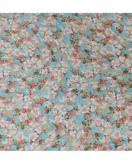 Aqua Blue Floral Viscose Modal Satin Fabric with Mirror Work - 110 cm Width-D20269