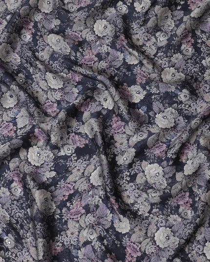 Midnight Purple Floral Viscose Modal Satin Fabric with Mirror Work - 110 cm Width-D20270