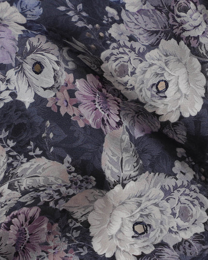 Midnight Purple Floral Viscose Modal Satin Fabric with Mirror Work - 110 cm Width-D20270