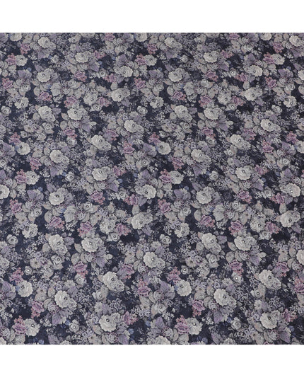 Midnight Purple Floral Viscose Modal Satin Fabric with Mirror Work - 110 cm Width-D20270