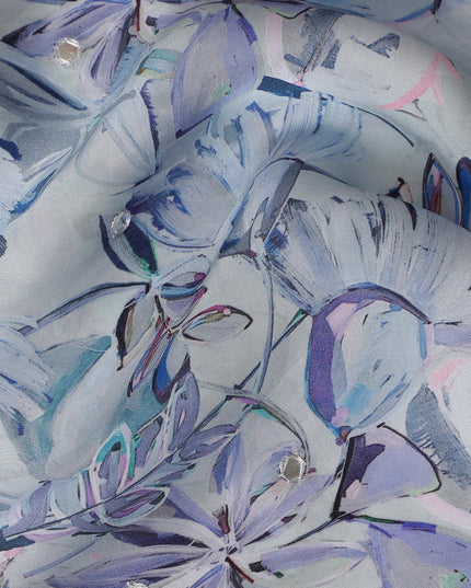 Ice Blue & Lavender Floral Viscose Modal Satin Fabric with Mirror Work - 110 cm Width-D20272