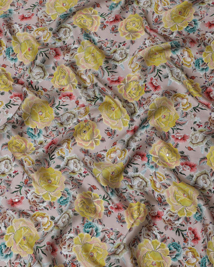 Blush Pink & Yellow Floral Viscose Modal Satin Fabric with Mirror Work - 110 cm Width-D20273