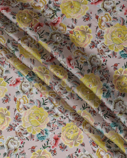 Blush Pink & Yellow Floral Viscose Modal Satin Fabric with Mirror Work - 110 cm Width-D20273