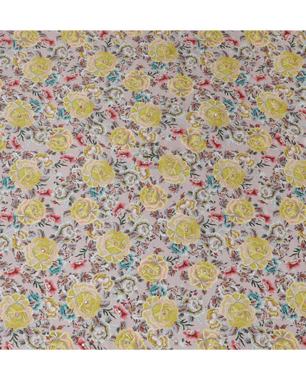 Blush Pink & Yellow Floral Viscose Modal Satin Fabric with Mirror Work - 110 cm Width-D20273