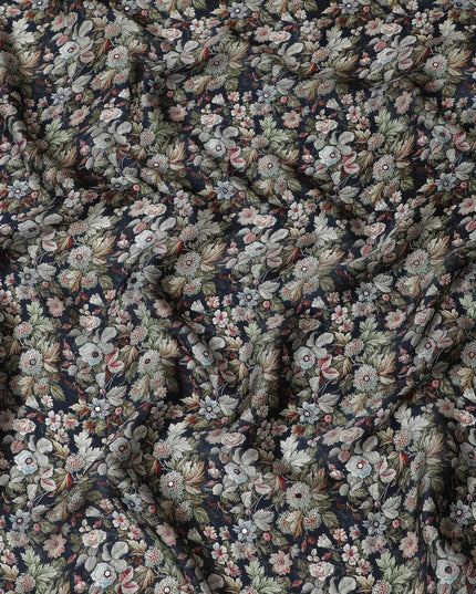 Vintage Floral Viscose Modal Satin Fabric with Mirror Work - 110 cm Width-D20274