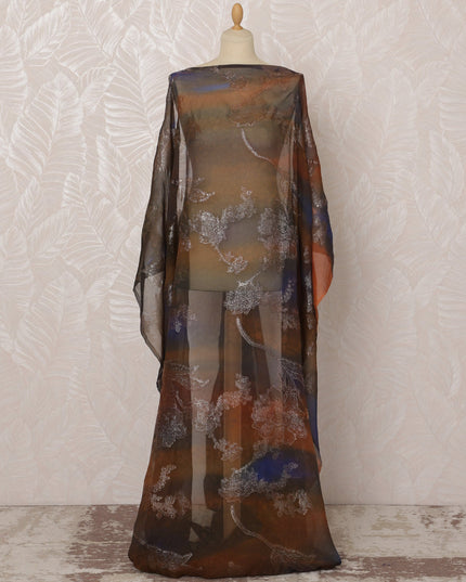 Rust Brown and Black Somali Silk Chiffon Dirac Fabric with Metallic Lurex, 3.5 Meters, 140 cm Width-D20849