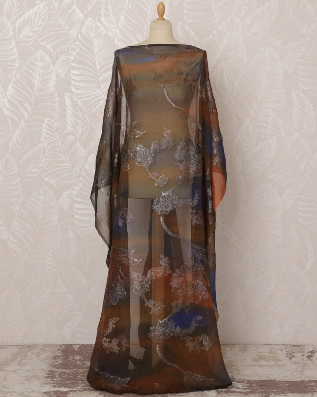 Rust Brown and Black Somali Silk Chiffon Dirac Fabric with Metallic Lurex, 3.5 Meters, 140 cm Width-D20849